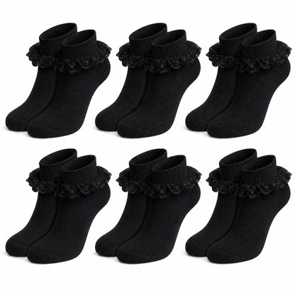Sock Stack 6 Pairs Black Girls Tutu Frilly Ankle Socks With Lace And Bow Super Soft – product image 1 of 5