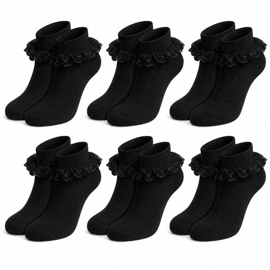 Sock Stack 6 Pairs Black Girls Tutu Frilly Ankle Socks With Lace And Bow Super Soft – product image 1 of 5