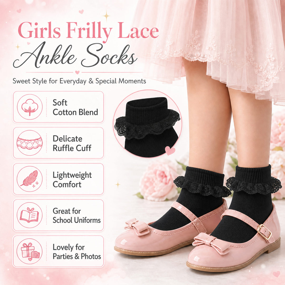 Sock Stack 6 Pairs Black Girls Tutu Frilly Ankle Socks With Lace And Bow Super Soft – product image 3 of 5
