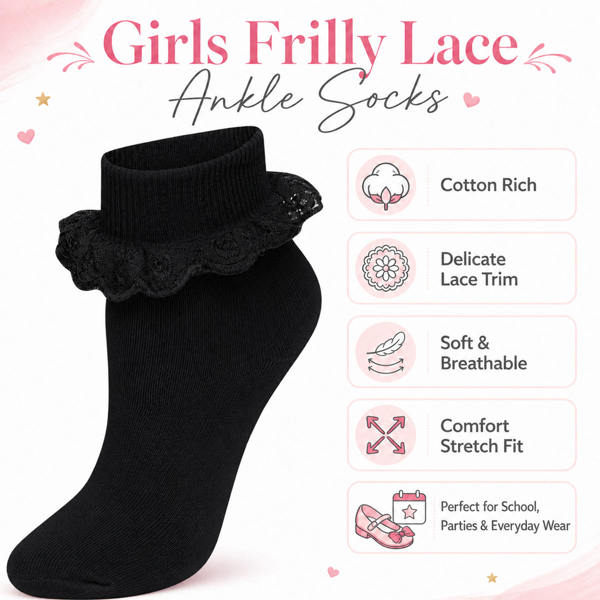 Sock Stack 6 Pairs Black Girls Tutu Frilly Ankle Socks With Lace And Bow Super Soft – product image 2 of 5