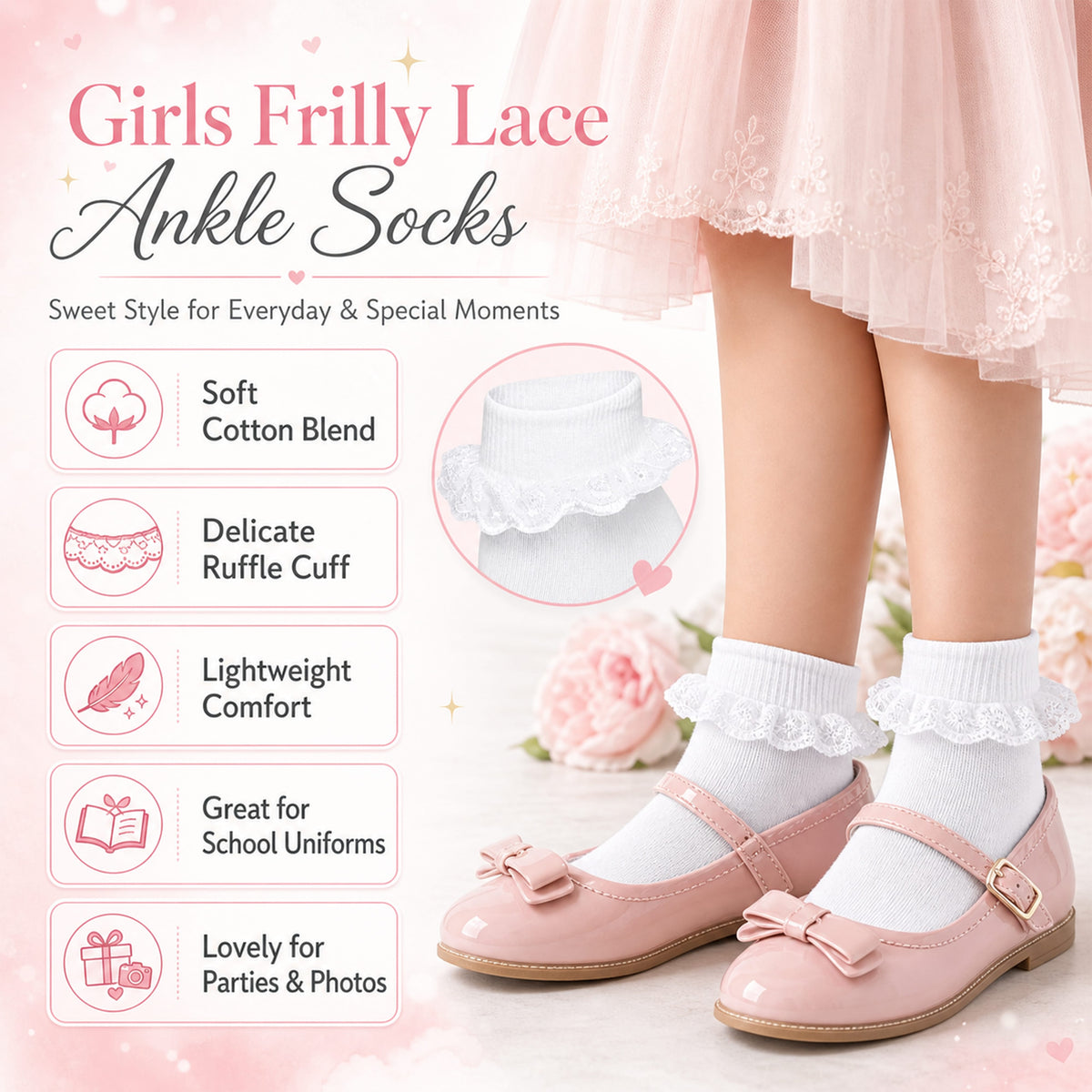 Sock Stack White Girls Tutu Frilly Ankle Socks With Lace And Bow 6 Pairs Cotton Rich – product image 3 of 5