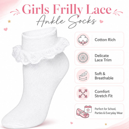 Sock Stack White Girls Tutu Frilly Ankle Socks With Lace And Bow 6 Pairs Cotton Rich – product image 2 of 5