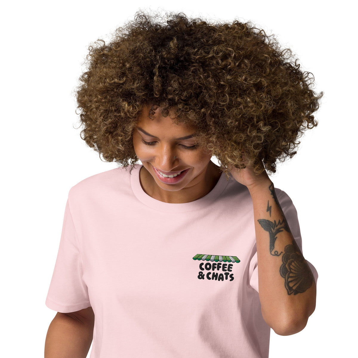 GUSTATORY Coffee & Chats Organic Cotton Embroidered T-Shirt – product image 1 of 10