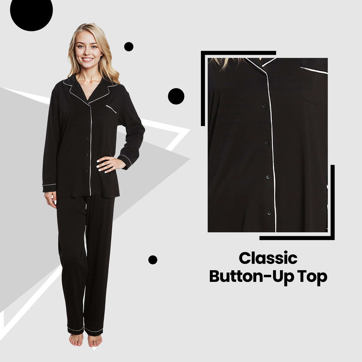 Daisy Dreamer Women's Black Pyjama Set Soft Touch Long Sleeve Button Up Top And Bottoms – product image 6 of 8