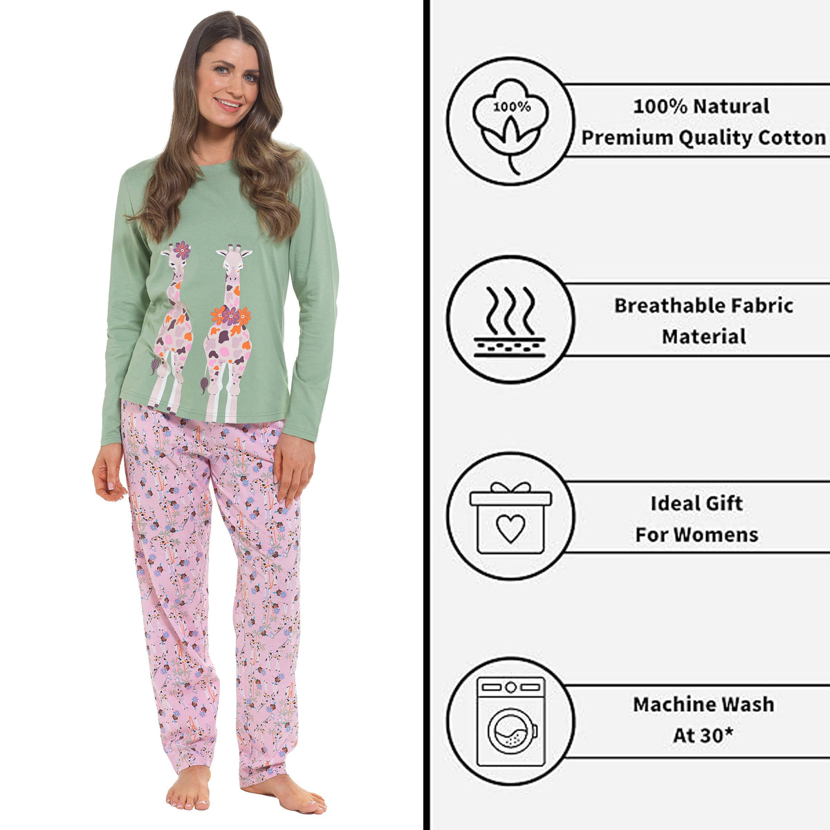 Daisy Dreamer Womens Giraffe Cotton Jersey Long Sleeve Pyjama Set For Comfortable – product image 4 of 7