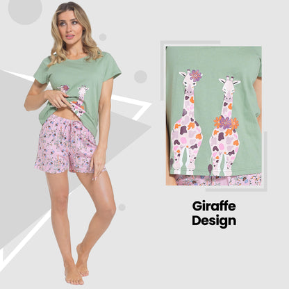 Daisy Dreamer Women's Giraffe Print Pyjama Set T Shirt And Shorts Soft Cotton Loungewear – product image 3 of 5