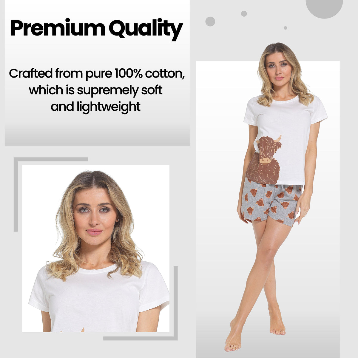 Daisy Dreamer Women's Highland Cow Pyjama Set T Shirt And Shorts Soft Cotton Loungewear – product image 4 of 5
