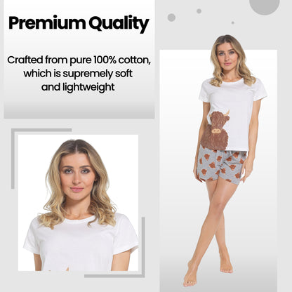 Daisy Dreamer Women's Highland Cow Pyjama Set T Shirt And Shorts Soft Cotton Loungewear – product image 4 of 5