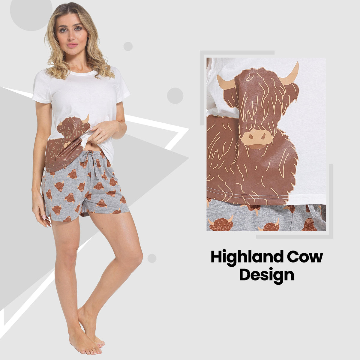 Daisy Dreamer Women's Highland Cow Pyjama Set T Shirt And Shorts Soft Cotton Loungewear – product image 3 of 5