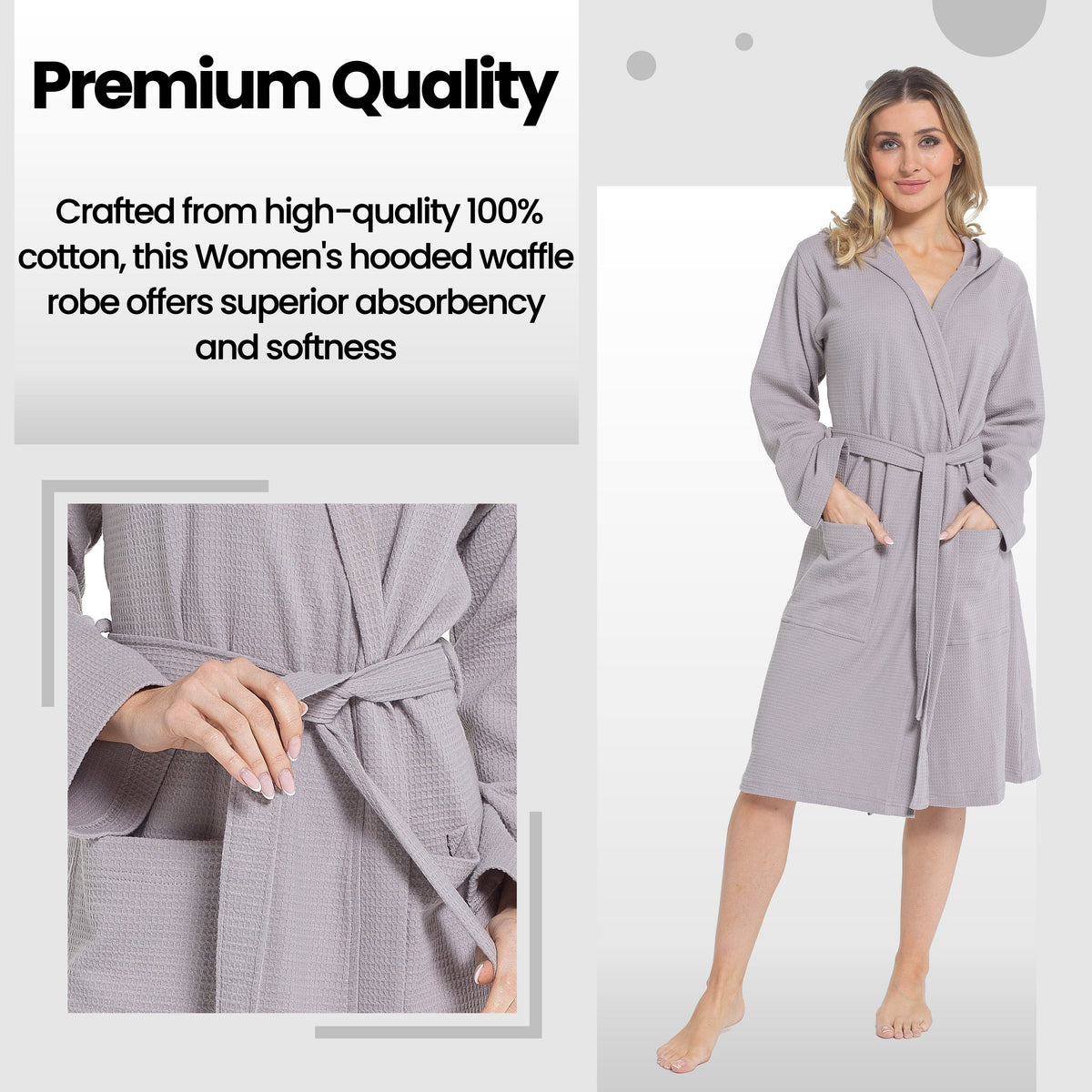 Daisy Dreamer Women's Hooded Waffle Cotton Bathrobe 100% Cotton Grey Super Absorbent – product image 4 of 5