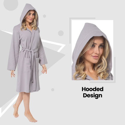 Daisy Dreamer Women's Hooded Waffle Cotton Bathrobe 100% Cotton Grey Super Absorbent – product image 3 of 5