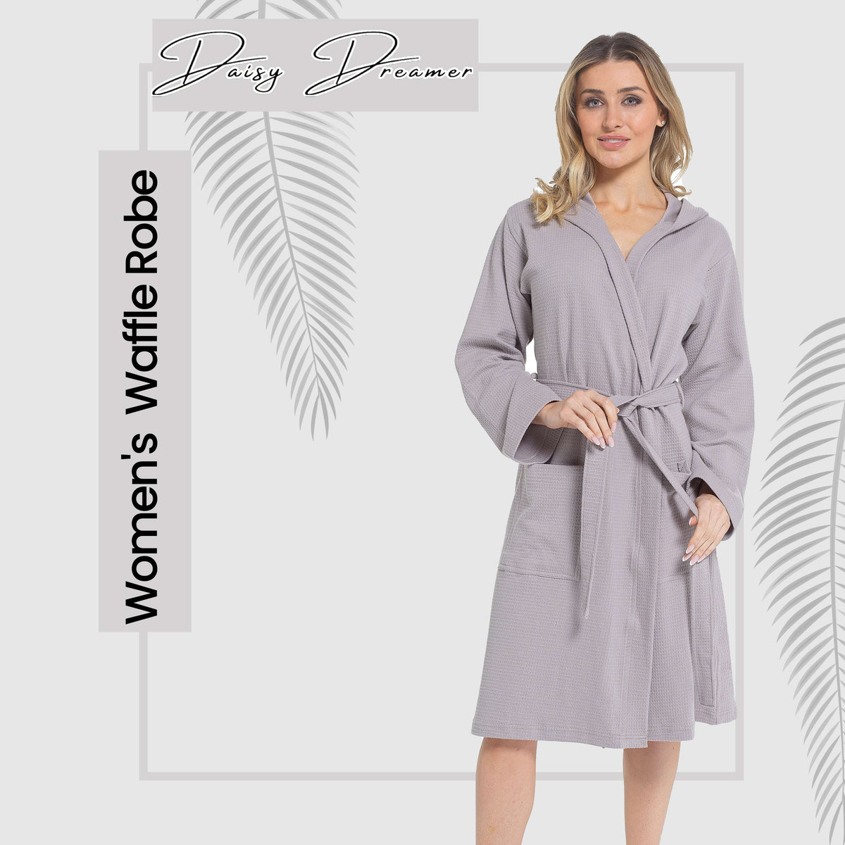 Daisy Dreamer Women's Hooded Waffle Cotton Bathrobe 100% Cotton Grey Super Absorbent – product image 5 of 5
