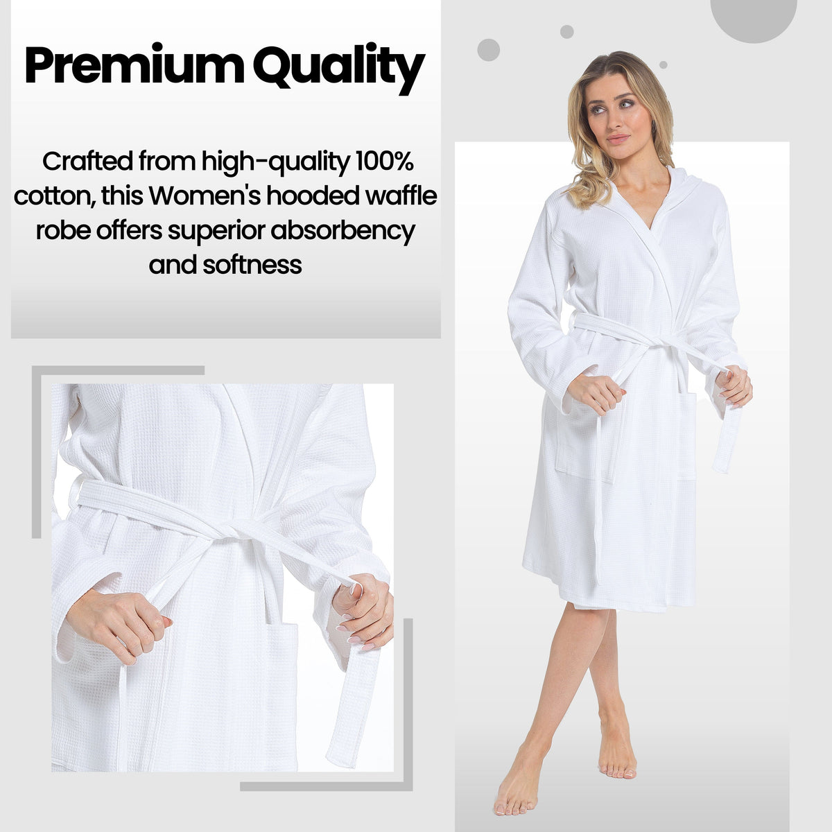 Daisy Dreamer Womens Hooded Waffle Cotton Bathrobe White 100% Cotton Super Absorbent Spa – product image 4 of 5