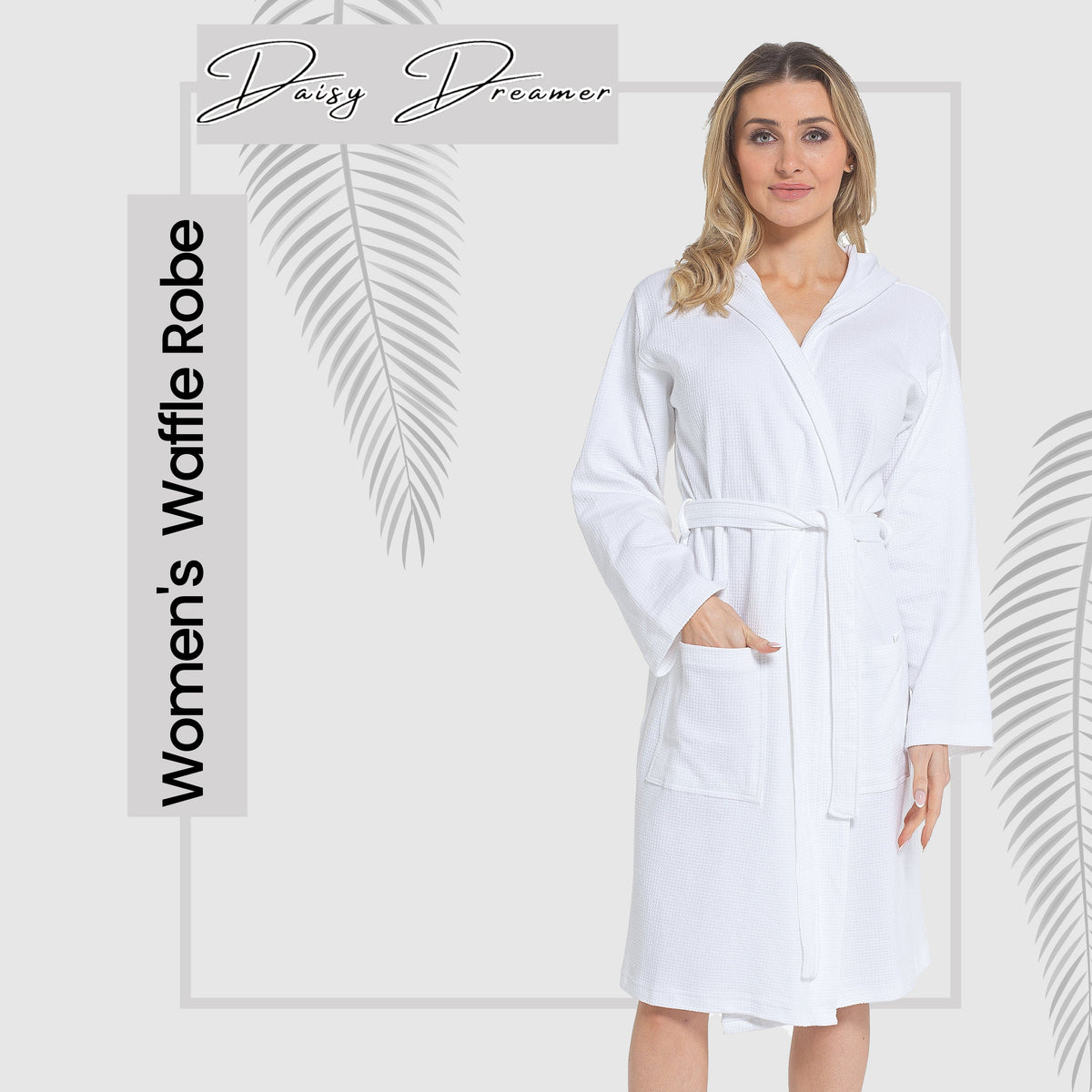 Daisy Dreamer Womens Hooded Waffle Cotton Bathrobe White 100% Cotton Super Absorbent Spa – product image 5 of 5