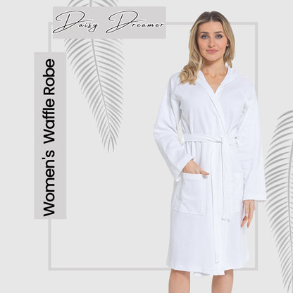Daisy Dreamer Womens Hooded Waffle Cotton Bathrobe White 100% Cotton Super Absorbent Spa – product image 5 of 5