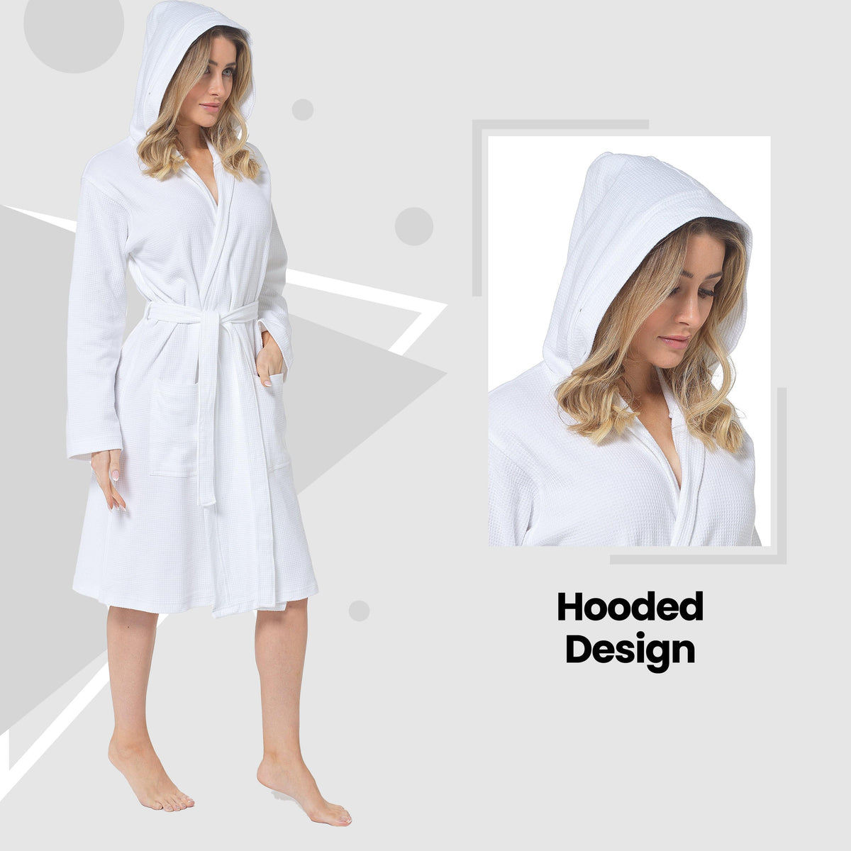 Daisy Dreamer Womens Hooded Waffle Cotton Bathrobe White 100% Cotton Super Absorbent Spa – product image 3 of 5