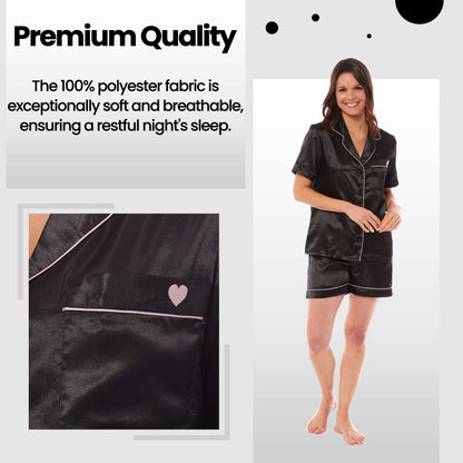 Daisy Dreamer Women's Satin Silk Short Pyjama Set Black Pink Grey UK Sizes 8-22 Easy-Care Cotton Rich Sleep Set – product image 5 of 10