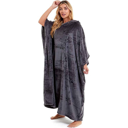 Daisy Dreamer Women's Hooded Poncho Blanket Navy Charcoal Flannel Fleece Cosy Loungewear – product image 1 of 6