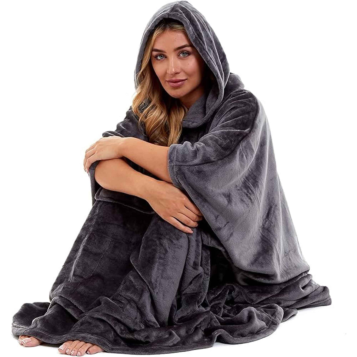 Daisy Dreamer Women's Hooded Poncho Blanket Navy Charcoal Flannel Fleece Cosy Loungewear – product image 5 of 6