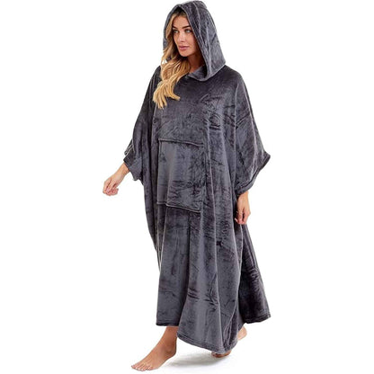 Daisy Dreamer Women's Hooded Poncho Blanket Navy Charcoal Flannel Fleece Cosy Loungewear – product image 3 of 6