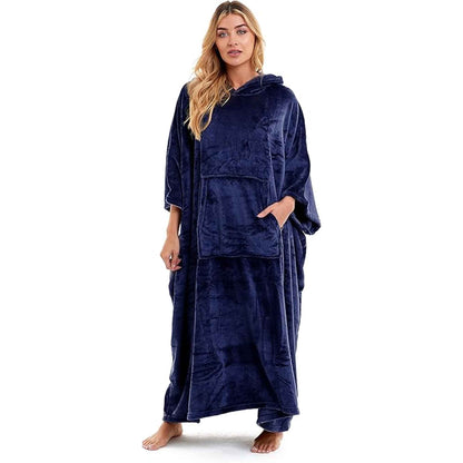 Daisy Dreamer Women's Hooded Poncho Blanket Navy Charcoal Flannel Fleece Cosy Loungewear – product image 6 of 6